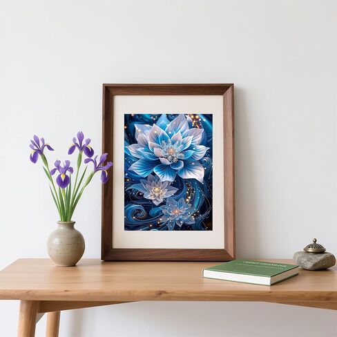 Skyboda Lotus 5D مجموعات الطلاء الماسي للبالغين، طقم فني ماسي للزهور الزرقاء للمبتدئين، نقاط ماسية دائرية كاملة مع أحجار كريمة فنية لتزيين جدران المنزل مقاس 12 × 16 بوصة in Kuwait