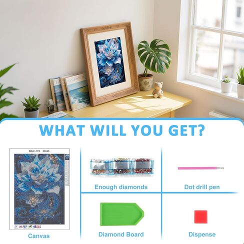 Skyboda Lotus 5D مجموعات الطلاء الماسي للبالغين، طقم فني ماسي للزهور الزرقاء للمبتدئين، نقاط ماسية دائرية كاملة مع أحجار كريمة فنية لتزيين جدران المنزل مقاس 12 × 16 بوصة in Kuwait