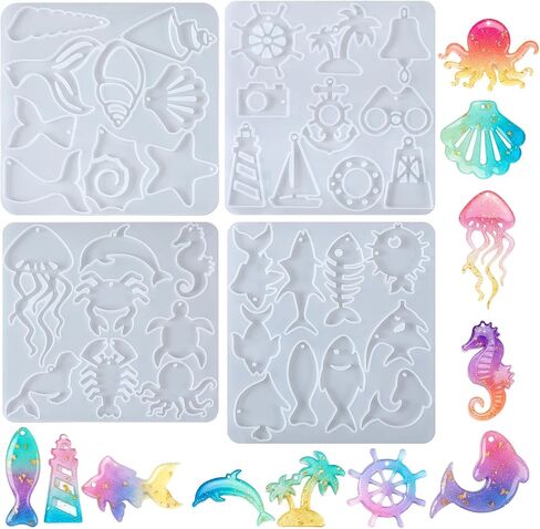 WJIAAA Ocean Theme Silicone Molds, 4PCS Marine Life Resin Eearring Molds for Jewelry Making Jellyfish Shell Starfish DIY Epoxy Resin Craft Supplies Lighthouse Ship Wheel for Earring Keychain Pendant in Saudi Arabia