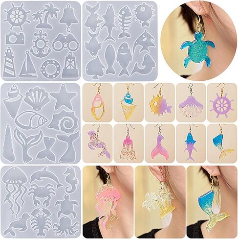 WJIAAA Ocean Theme Silicone Molds, 4PCS Marine Life Resin Eearring Molds for Jewelry Making Jellyfish Shell Starfish DIY Epoxy Resin Craft Supplies Lighthouse Ship Wheel for Earring Keychain Pendant in Saudi Arabia