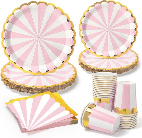 96pcs Carnival Paper Plates Circus Party Plates and Napkins Cups Disposable Tableware Set for 24 Guest Baby Shower Wedding Tea Kid Birthday Party Supplies Decorations - Pink and White Stripe in Saudi Arabia