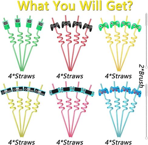 24 Video Game Party Favors Game Controller Drinking Straws Goodie Gifts for Kids Gamer Birthday Party Supplies, Game On Party Supplies with 2 PCS Cleaning Brushes in Saudi Arabia