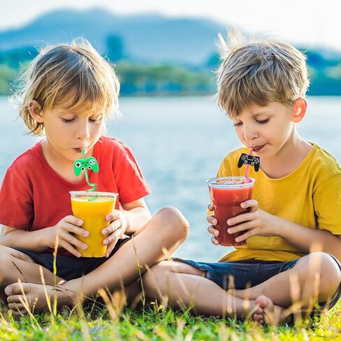 24 Video Game Party Favors Game Controller Drinking Straws Goodie Gifts for Kids Gamer Birthday Party Supplies, Game On Party Supplies with 2 PCS Cleaning Brushes in Saudi Arabia