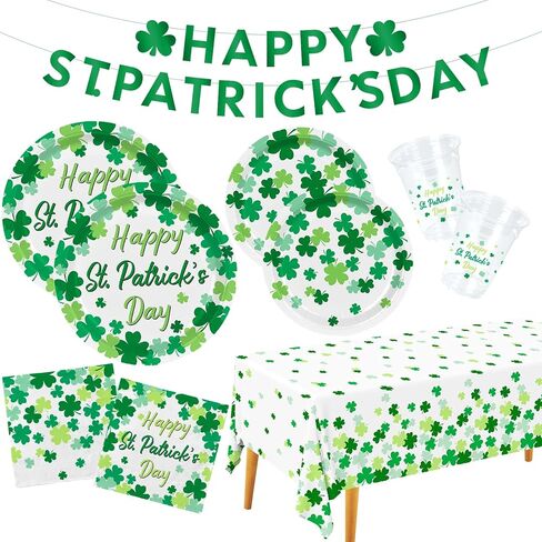 St. Patrick's Day Party Supplies Kit for 25 - Irish Themed Tableware with Lucky Shamrock Plates, Napkins, Cups & Tablecloth, Plus Festive Banner for the St. Patrick's Party Decorations in Saudi Arabia