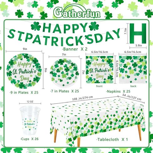 St. Patrick's Day Party Supplies Kit for 25 - Irish Themed Tableware with Lucky Shamrock Plates, Napkins, Cups & Tablecloth, Plus Festive Banner for the St. Patrick's Party Decorations in Saudi Arabia