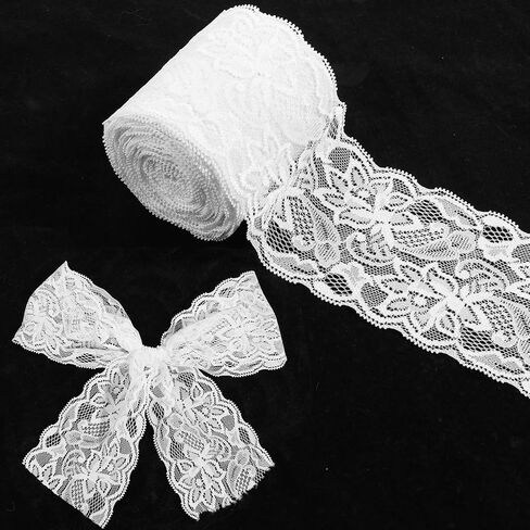 10 Yard White Lace Ribbon, 3.27Inch Wide Sewing Laces Trim, Elastic Floral Crochet Cotton Lace Ribbon, Vintage Cotton Crochet Trim for Crafting, Gift Wrapping, Dress Embellishment, Wedding Decor in Saudi Arabia
