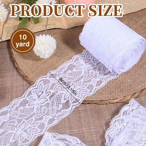 10 Yard White Lace Ribbon, 3.27Inch Wide Sewing Laces Trim, Elastic Floral Crochet Cotton Lace Ribbon, Vintage Cotton Crochet Trim for Crafting, Gift Wrapping, Dress Embellishment, Wedding Decor in Saudi Arabia