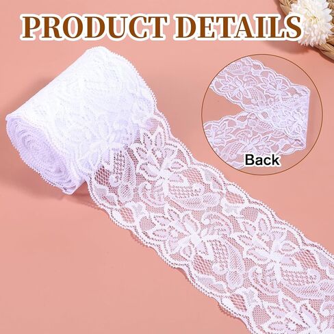 10 Yard White Lace Ribbon, 3.27Inch Wide Sewing Laces Trim, Elastic Floral Crochet Cotton Lace Ribbon, Vintage Cotton Crochet Trim for Crafting, Gift Wrapping, Dress Embellishment, Wedding Decor in Saudi Arabia