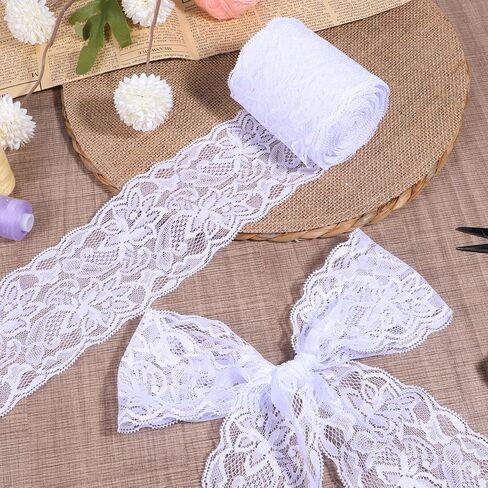10 Yard White Lace Ribbon, 3.27Inch Wide Sewing Laces Trim, Elastic Floral Crochet Cotton Lace Ribbon, Vintage Cotton Crochet Trim for Crafting, Gift Wrapping, Dress Embellishment, Wedding Decor in Saudi Arabia