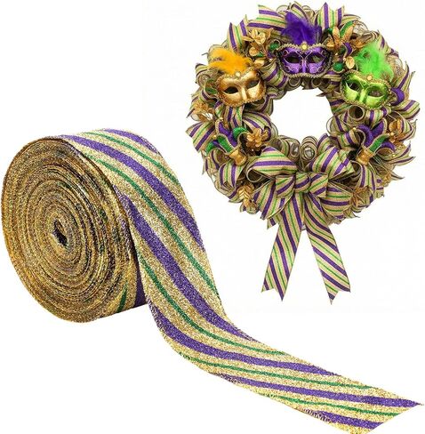 Norme Mardi Gras Wired Ribbon, 2.5" x 20 Yards Gold Purple Green Glitter Fabric Ribbon with Wired Edge, Carnival Indoor Outdoor Decoration for Gift Wrapping, Party Decor, Wreaths, Crafts in Saudi Arabia