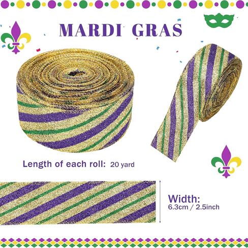Norme Mardi Gras Wired Ribbon, 2.5" x 20 Yards Gold Purple Green Glitter Fabric Ribbon with Wired Edge, Carnival Indoor Outdoor Decoration for Gift Wrapping, Party Decor, Wreaths, Crafts in Saudi Arabia