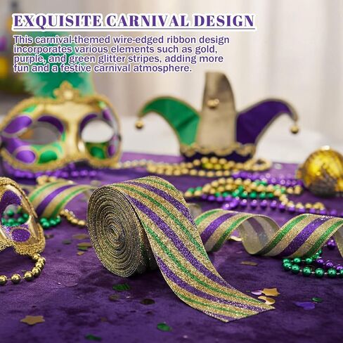 Norme Mardi Gras Wired Ribbon, 2.5" x 20 Yards Gold Purple Green Glitter Fabric Ribbon with Wired Edge, Carnival Indoor Outdoor Decoration for Gift Wrapping, Party Decor, Wreaths, Crafts in Saudi Arabia