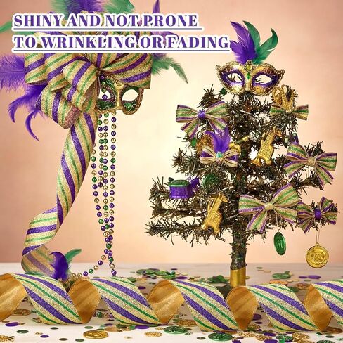 Norme Mardi Gras Wired Ribbon, 2.5" x 20 Yards Gold Purple Green Glitter Fabric Ribbon with Wired Edge, Carnival Indoor Outdoor Decoration for Gift Wrapping, Party Decor, Wreaths, Crafts in Saudi Arabia