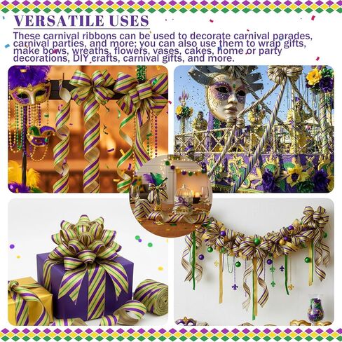 Norme Mardi Gras Wired Ribbon, 2.5" x 20 Yards Gold Purple Green Glitter Fabric Ribbon with Wired Edge, Carnival Indoor Outdoor Decoration for Gift Wrapping, Party Decor, Wreaths, Crafts in Saudi Arabia