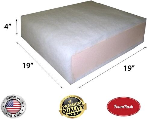 FoamRush 4" x 19" x 19" Seat Cushion Foam with Batting/Dacron (Cushion Seat Replacement) Made in USA in Saudi Arabia