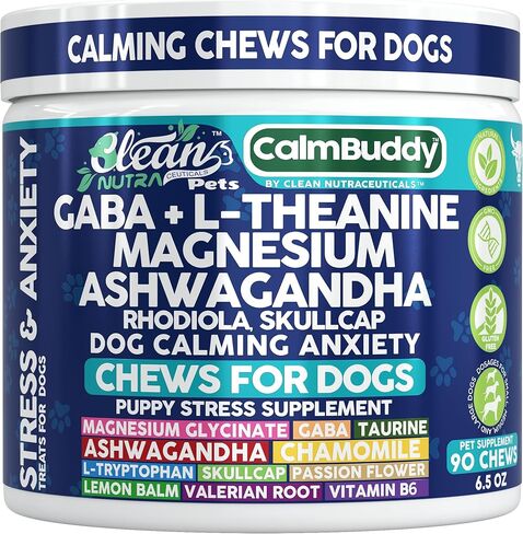 CalmBuddy Anxiety and Stress Relief Supplements GABA L-Theanine Magnesium Ashwagandha Rhodiola Rosea Chamomile L-Tryptophan Skullcap Taurine Valerian Root 60 Beef Flavor Chew by Clean Nutra Pets in Saudi Arabia