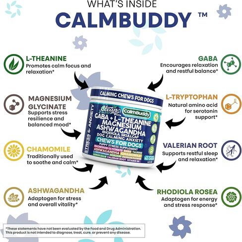 CalmBuddy Anxiety and Stress Relief Supplements GABA L-Theanine Magnesium Ashwagandha Rhodiola Rosea Chamomile L-Tryptophan Skullcap Taurine Valerian Root 60 Beef Flavor Chew by Clean Nutra Pets in Saudi Arabia
