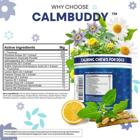 CalmBuddy Anxiety and Stress Relief Supplements GABA L-Theanine Magnesium Ashwagandha Rhodiola Rosea Chamomile L-Tryptophan Skullcap Taurine Valerian Root 60 Beef Flavor Chew by Clean Nutra Pets in Saudi Arabia