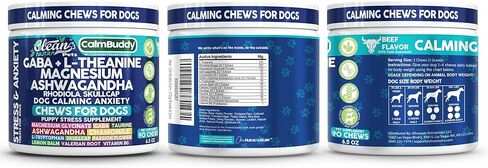 CalmBuddy Anxiety and Stress Relief Supplements GABA L-Theanine Magnesium Ashwagandha Rhodiola Rosea Chamomile L-Tryptophan Skullcap Taurine Valerian Root 60 Beef Flavor Chew by Clean Nutra Pets in Saudi Arabia