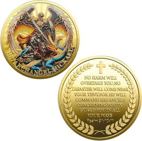 Archangel Michael Coin – Gold-Plated Religious Medallion with Psalm 91:10-11, Divine Protection and Blessings Symbol, Angelic Guardian Gift, Inspirational Christian Token in Saudi Arabia