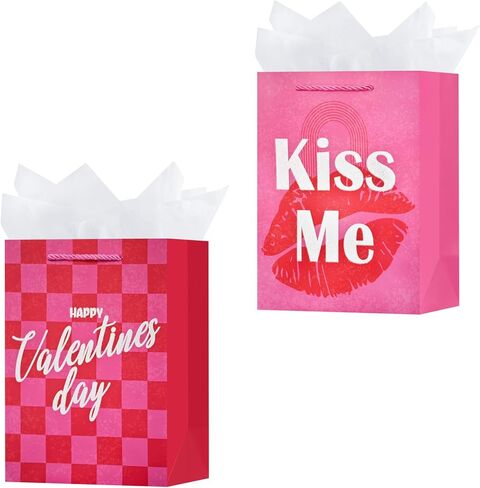 OFIHANLY 2 Pack 12.6" Medium Size Happy Valentine's Day Gift Bags with Handles for Women Men Pink Paper Gift Wrap Bags with Tissue Paper for Kids in Kuwait
