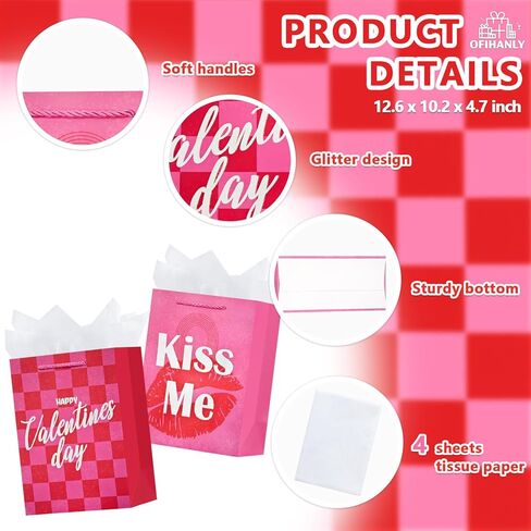 OFIHANLY 2 Pack 12.6" Medium Size Happy Valentine's Day Gift Bags with Handles for Women Men Pink Paper Gift Wrap Bags with Tissue Paper for Kids in Kuwait
