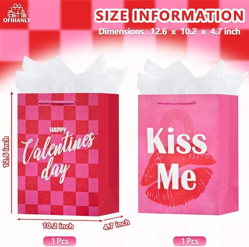 OFIHANLY 2 Pack 12.6" Medium Size Happy Valentine's Day Gift Bags with Handles for Women Men Pink Paper Gift Wrap Bags with Tissue Paper for Kids in Kuwait