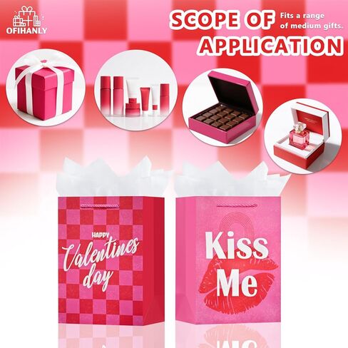 OFIHANLY 2 Pack 12.6" Medium Size Happy Valentine's Day Gift Bags with Handles for Women Men Pink Paper Gift Wrap Bags with Tissue Paper for Kids in Kuwait