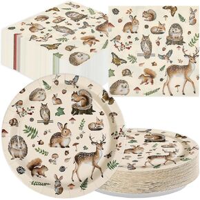 100 Pcs Woodland Theme Party Decorations Vintage Mushroom Forest Animal Plates and Napkins Disposable Animals Plants Tableware Set for Baby Shower Kids Boys Girls Birthday Party Supplies Serves 50 in Saudi Arabia