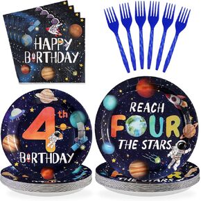 96 قطعة من لوازم الحفلات من Reach Four the Stars، لوحات ومناديل عيد الميلاد الرابع، مجموعة أدوات مائدة للفضاء الخارجي للاستعمال مرة واحدة للأولاد، رواد فضاء جالاكسي، ديكورات حفلات أعياد الميلاد، تكفي 24 شخصًا in Kuwait