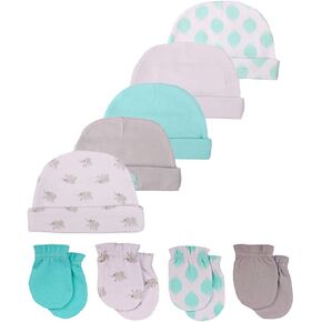 Newborn Unisex Baby Boy Baby Girl Hats 0-6 Months Unisex Organic Cotton Caps and Mittens Set, White5 in Kuwait