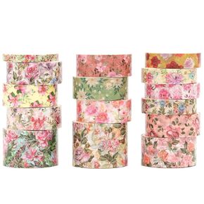 Floral Washi Tape Set - 15 Rolls Flowers Arts Adhesive Tapes Garden Blooms Decorative Masking Tape Sets for Craft, Kids, Scrapbook, DIY, Gift Wrloapping (4-Rose Charm) in Saudi Arabia