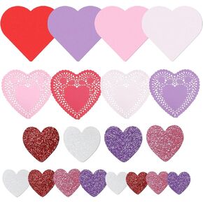 200 Pcs Valentines Day Crafts Set with Heart Doilies, Glitter and Matte Foam Heart Shaped Red White Pink Purple Stickers, Tableware Decoration Kids Gifts Decor Crafts in Saudi Arabia