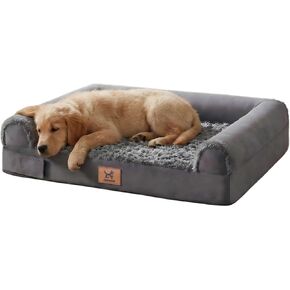 نمط سرير جامبو للكلاب البشرية - أريكة إسفنجية قابلة للتنفس على شكل قفص بيض مع مسند، وبطانة مقاومة للماء ومخمل وردي قابل للغسل - مثالية للدانماركيين الكبار و كلب الدرواس، باللون الرمادي الداكن (54 بوصة × 37 بوصة) in Kuwait