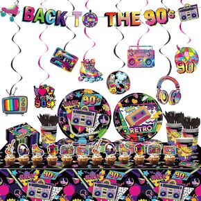 80s Birthday Decorations Party Supplies, 80's Themed Party Tableware 172pcs Serves 20 - Plates, Napkins, Cups, Cutlery, Tablecloth, Banner, Hanging Swirls, Cupcake Toppers for 80s Hip Pop Party in Kuwait