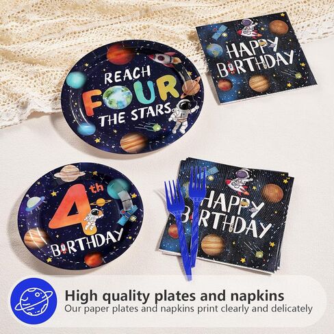 96 قطعة من لوازم الحفلات من Reach Four the Stars، لوحات ومناديل عيد الميلاد الرابع، مجموعة أدوات مائدة للفضاء الخارجي للاستعمال مرة واحدة للأولاد، رواد فضاء جالاكسي، ديكورات حفلات أعياد الميلاد، تكفي 24 شخصًا in Kuwait