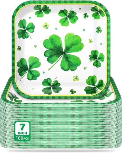 100 Pcs St. Patrick's Day Green Dessert Plates Lucky Shamrock Square Disposable Green 7 Inch Paper Dinner Plates for Irish Festival Holiday Party Favors Supplies(Watercolor Style) in Saudi Arabia