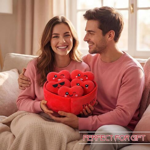 Valentines Day Heart Plush Gift for Her Him, Valentines Emotional Plush Gift Heart Stuffed Animals for Husband Wife Girlfriend Boyfriend 5 Love Plushs with Five Love Language in One Basket in Saudi Arabia