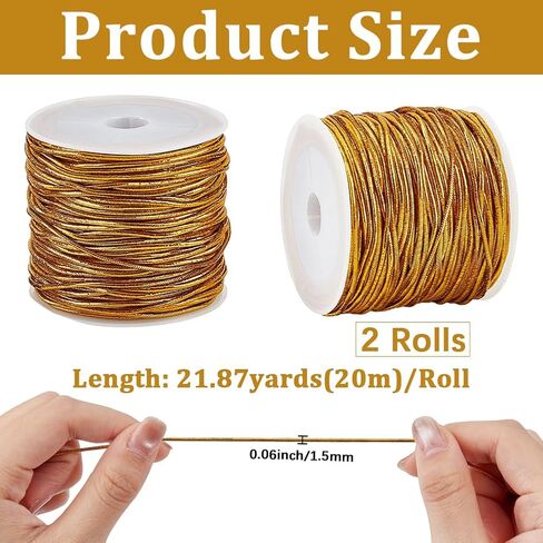 2 Rolls 40M 1.5MM Gold Elastic Stretchy String Cords Metallic Tinsel Rope Thread Christmas Sparkly Stretch Ribbon Cord for Sewing Making Jewelry Bracelets Beading Crafts Ornaments Braiding in Saudi Arabia