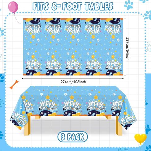 Oudain 3 Pack Blue Dog Party Tablecloth Dog Them Birthday Decor 108'' × 54'' Blue Yellow Plastic Table Cloth Puppy Paw Prints Bone Disposable Rectangle Table Cover for Baby Shower Party Supplies in Saudi Arabia