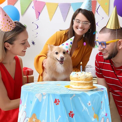 Oudain 3 Pack Blue Dog Party Tablecloth Dog Them Birthday Decor 108'' × 54'' Blue Yellow Plastic Table Cloth Puppy Paw Prints Bone Disposable Rectangle Table Cover for Baby Shower Party Supplies in Saudi Arabia