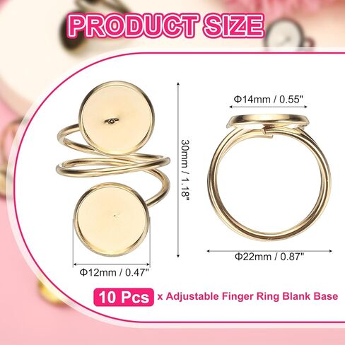uxcell 10 Pcs Ring Blank, Adjustable Finger Ring Blank Base Stainless Steel Open Cuff Bezel Trays Fit 12mm Round for Jewelry Making DIY Crafting, Champagne Gold in Saudi Arabia