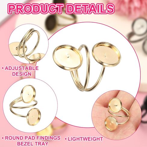 uxcell 10 Pcs Ring Blank, Adjustable Finger Ring Blank Base Stainless Steel Open Cuff Bezel Trays Fit 12mm Round for Jewelry Making DIY Crafting, Champagne Gold in Saudi Arabia