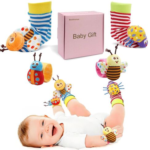 bloobloomax المعصم خشخيشات القدم مكتشف حشرجة الموت جورب طفل طفل لعبة، لعبة حشرجة الموت، ذراع اليد سوار حشرجة الموت، قدم الساق الجوارب الكاحل، هدية هدية للأطفال الرضع حديثي الولادة صبي فتاة بيبي (4 البق) in Kuwait