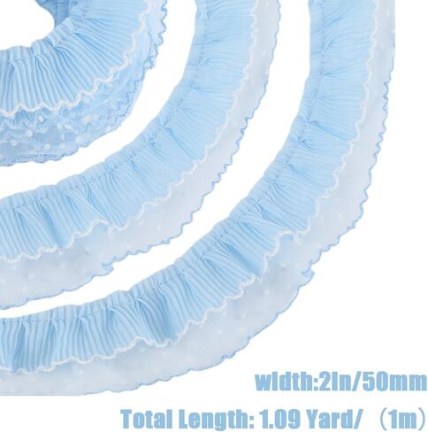 2 Inch Double Layer Sky Blue Lace Ribbon Pleated Organza Ribbon Bridal Fibre Lace Fabric Stretch Hair Ties Edge Trim Bulk Ribbon with Polka Dot for Sewing Making Gift Packaging Crafts Supply in Saudi Arabia