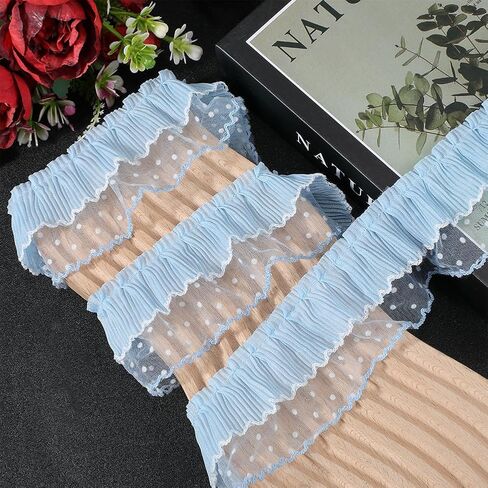 2 Inch Double Layer Sky Blue Lace Ribbon Pleated Organza Ribbon Bridal Fibre Lace Fabric Stretch Hair Ties Edge Trim Bulk Ribbon with Polka Dot for Sewing Making Gift Packaging Crafts Supply in Saudi Arabia