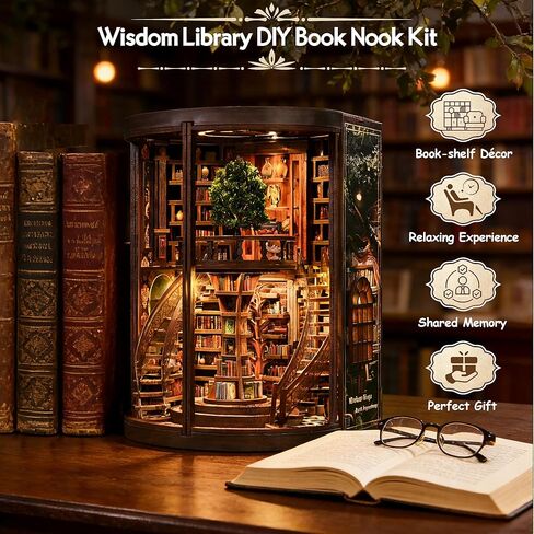 مجموعة Soothee DIY Book Nook Kit مع أضواء LED - ألغاز ثلاثية الأبعاد للبالغين والمراهقين، المنمنمات ومجموعات بناء النماذج لديكور رف الكتب، والحرف المريحة وهدية فريدة لمحبي الحرف اليدوية (مكتبة الحكمة) in Saudi Arabia