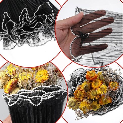 APLZGMG 8 Yards Black Flower Wrapping Mesh Paper with Pearl Edge, Wrinkled Wavy Translucent Net Yarn Bouquet Packaging for Florist Supplies, Wedding, Valentine’s Day, Mother’s Day & DIY Gift Decor in Saudi Arabia