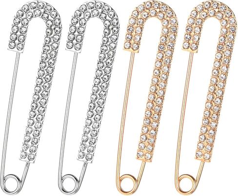 4 PCS Rhinestone Safety Pin Brooch, Metal Elegant Decorative Safety Pins for Clothes, Silver and Gold Crystal Big Safetys Pins Vintage Large Sweater Shawl Clips for Women Skirts Scarf Shirt in Saudi Arabia