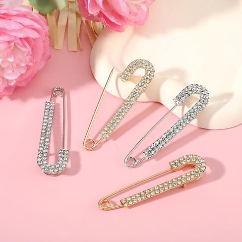 4 PCS Rhinestone Safety Pin Brooch, Metal Elegant Decorative Safety Pins for Clothes, Silver and Gold Crystal Big Safetys Pins Vintage Large Sweater Shawl Clips for Women Skirts Scarf Shirt in Saudi Arabia
